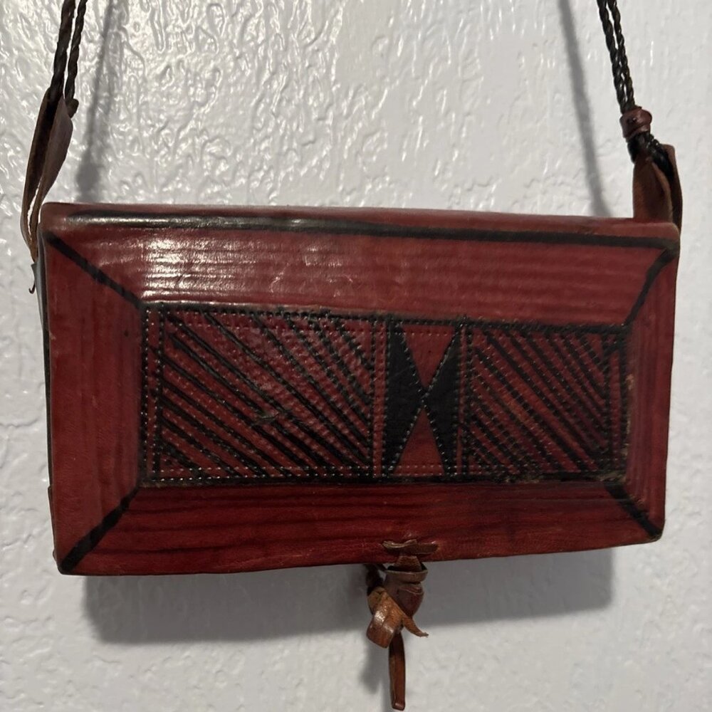Vintage Brown and red leather box purse, hand-painted art piece Crossbody Bag